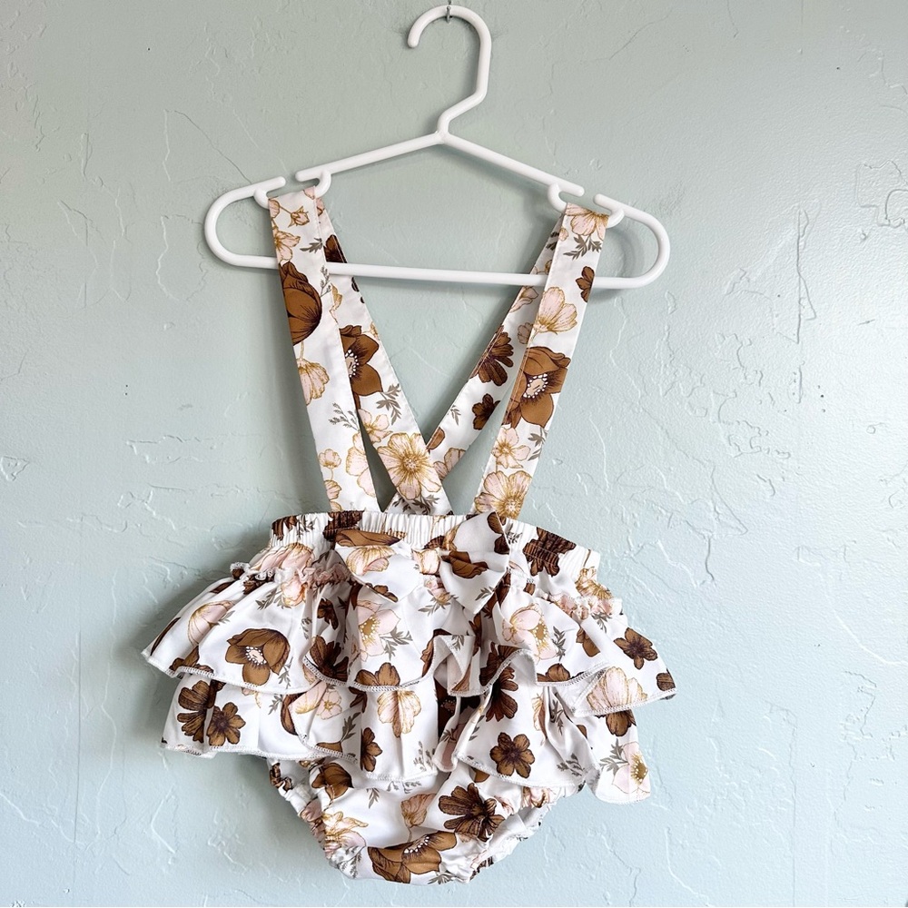 Baby Brown‎ Fall Floral Ruffle Suspender Bloomers w/ Bow Size 12-18 Months
